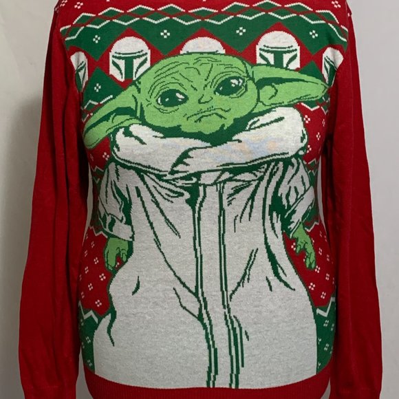 Ugly Christmas Sweater Star Wars Mandalorian Child Baby Yoda Red Mens Womens S - Picture 2 of 4